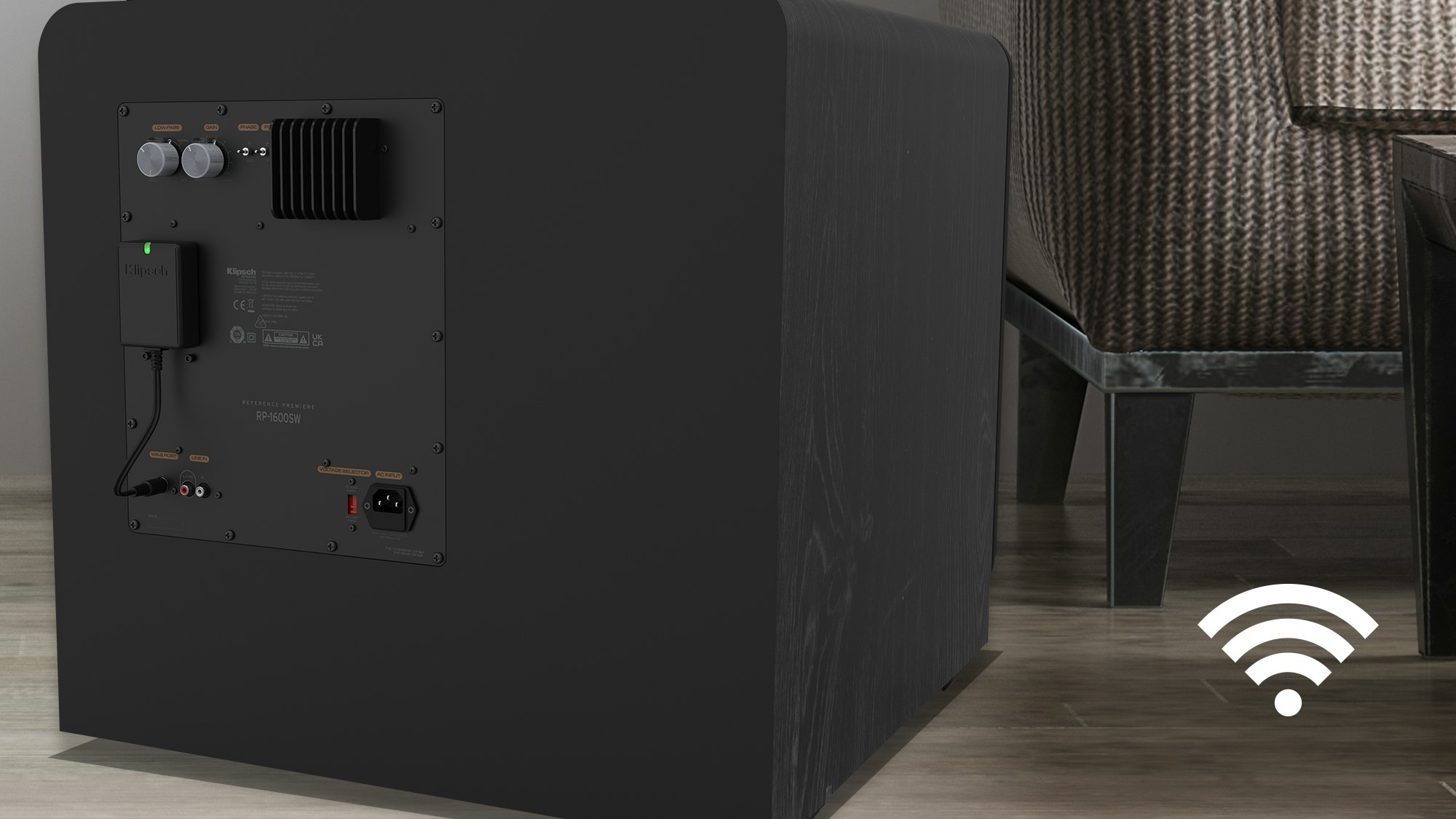 Rear view of a RP 1600 SW with a WA 2 Wireless Subwoofer Kit installed